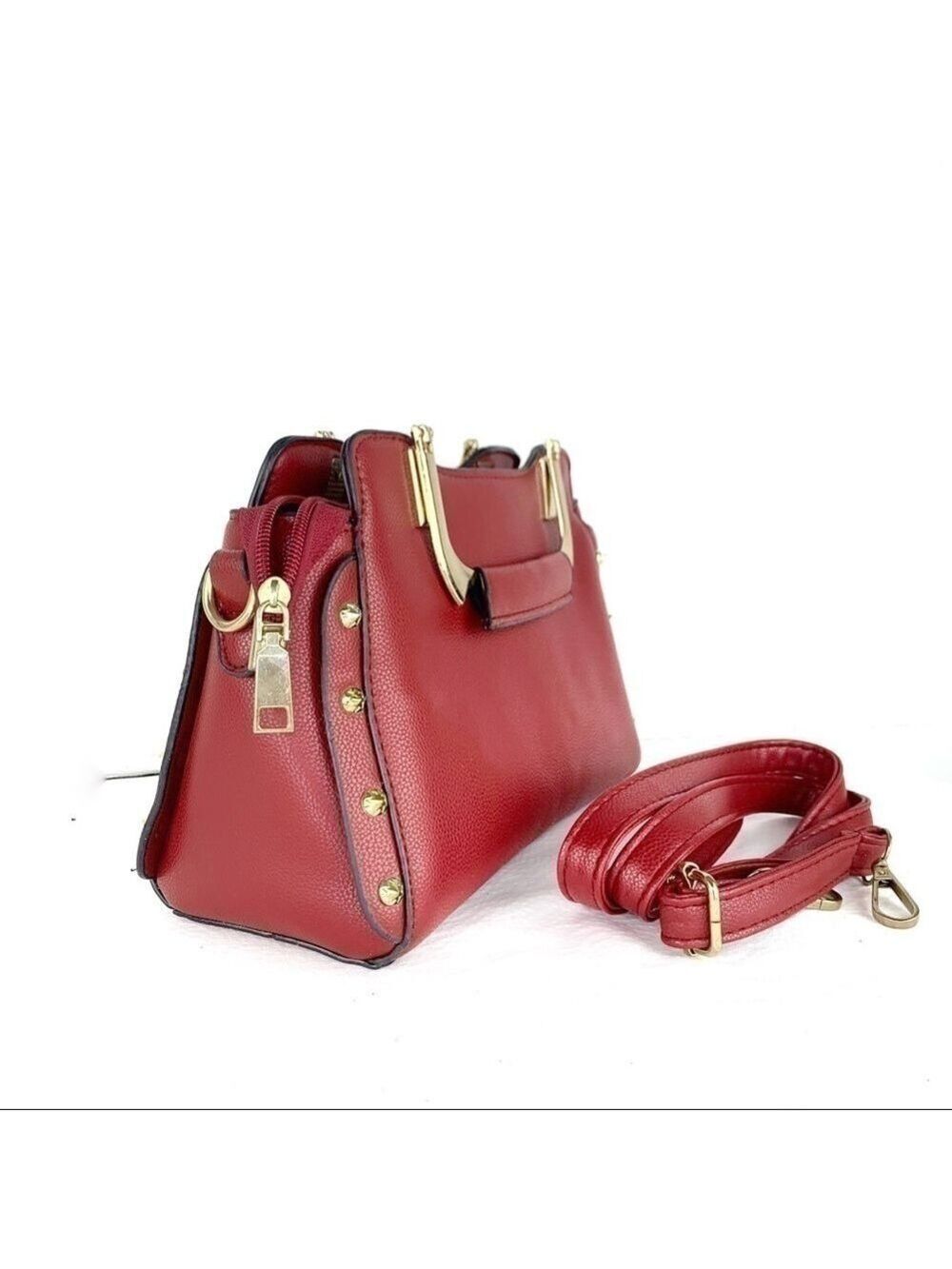 New-Faux Leather Gold Accents Top Handles Functional Satchel Red Crossbody Bag